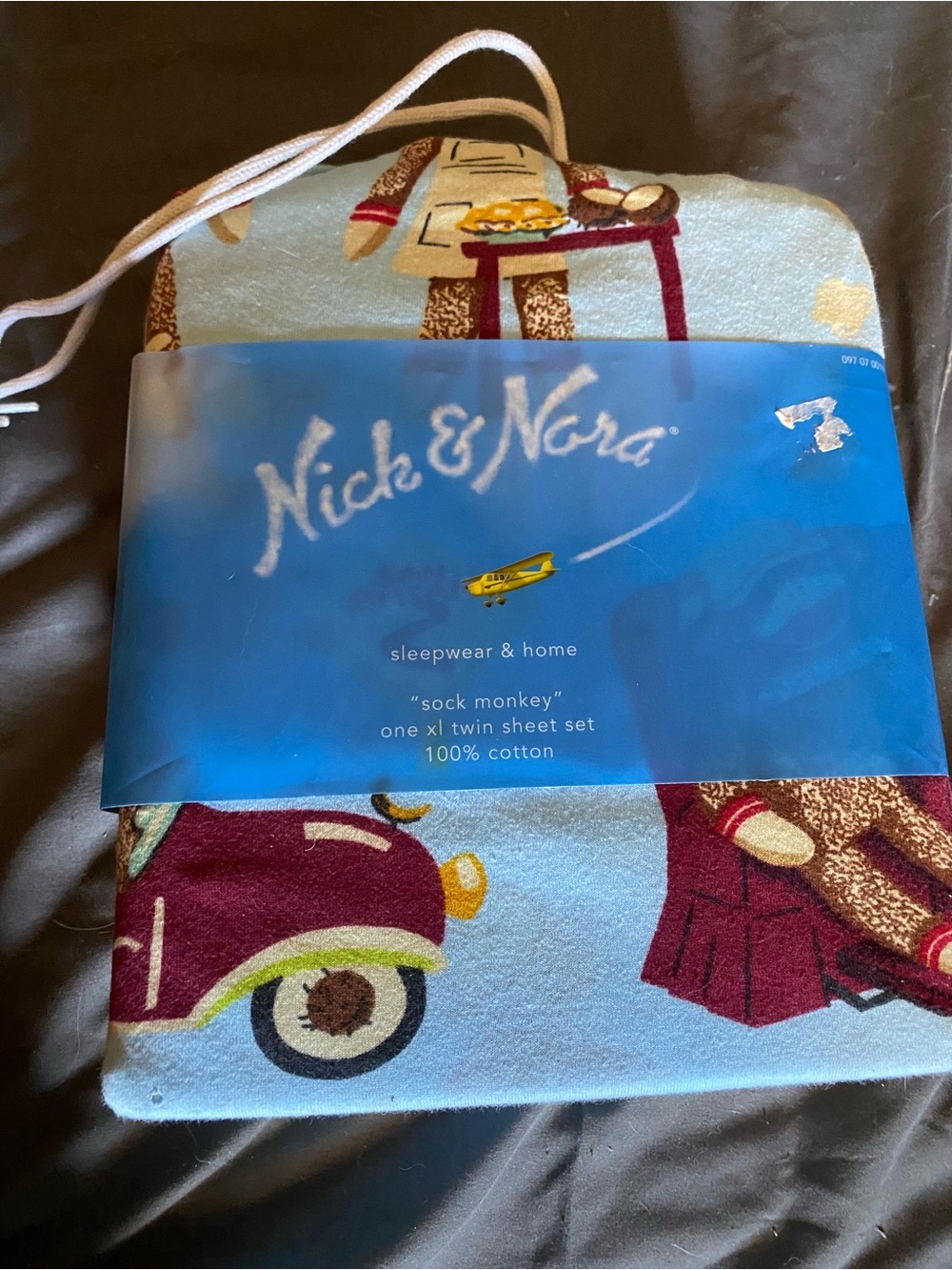 NWT Nick & Nora Sock Monkey Sheet Set in Light Blue and Burgundy XL twin sheets